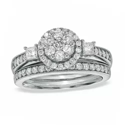 1 CT. T.W. Round and Princess-Cut Diamond Flower Bridal Set in 10K White Gold | Engagement Ring