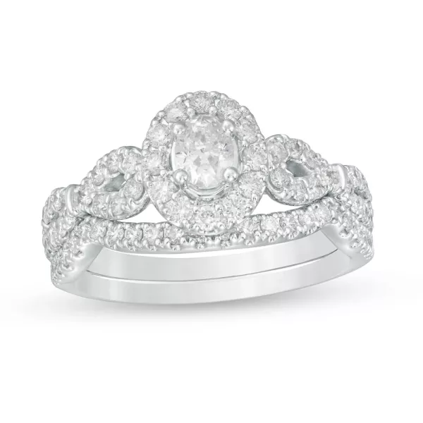 1 CT. T.W. Oval Diamond Frame Collar Bridal Set in 14K White Gold | Engagement Ring