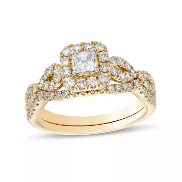 1 CT. T.W. Princess-Cut Diamond Frame Twist Bridal Set in 14K Yellow Gold | Engagement Ring