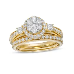 1 CT. T.W. Round and Princess-Cut Diamond Flower Bridal Set in 10K Yellow Gold | Engagement Ring