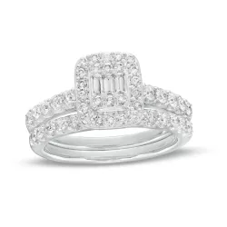 1 CT. T.W. Emerald-Shaped Multi-Diamond Frame Bridal Set in 14K White Gold | Engagement Ring