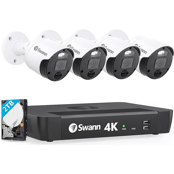 Swann - 8 Channel 4 Cam Indoor Outdoor PoE Wired Cat5e 4K HD Video 2TB NVR Security Surveillance Camera System w/ LED Lights - White