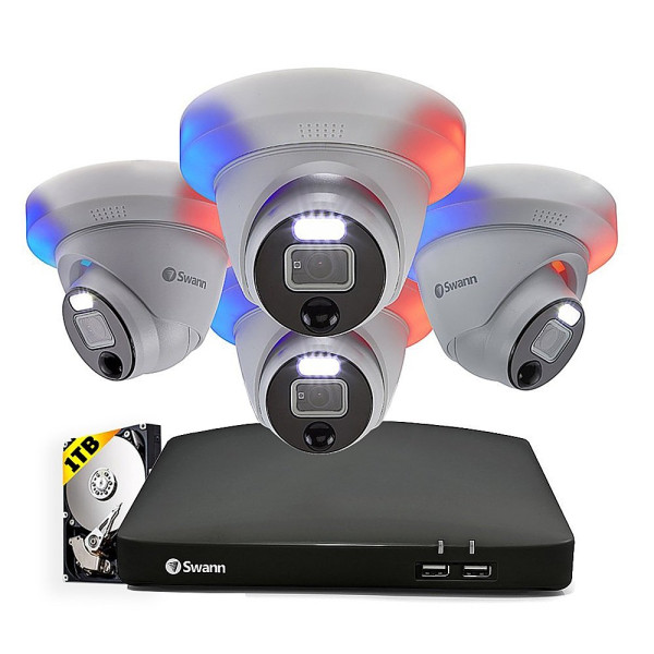 Swann - Home 1080p, 8-Channel, 4-Dome Camera, Indoor/Outdoor Wired 1080p 1TB DVR Home Security Camera System - White