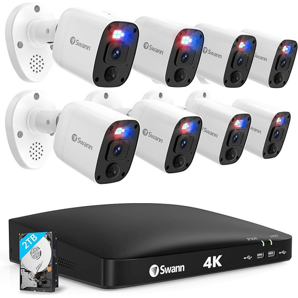 Swann - Home 8 Channel, 8 Camera Indoor/Outdoor Wired 4K Ultra HD 2TB DVR Security System with 1-Way Audio over Coax - White