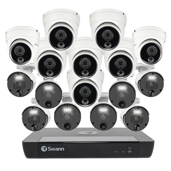 Swann - Master Series 16-Ch, 8 Dome/8 Bullet Camera, Indoor/Outdoor Wired 4K UHD 2TB HDD NVR Security System - Black/White