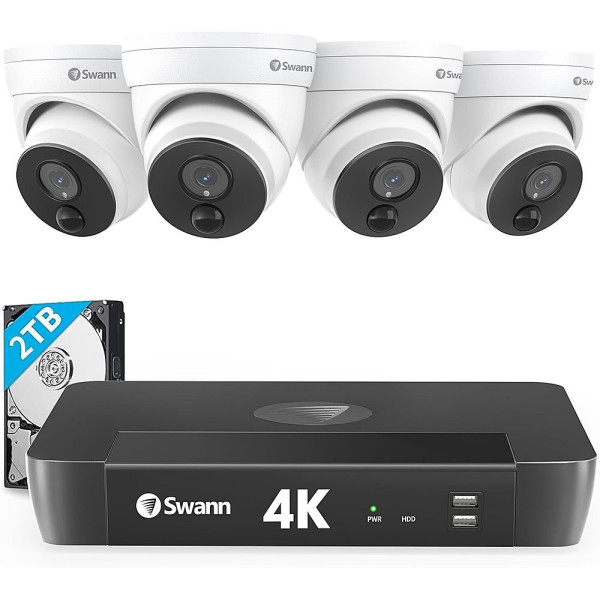 Swann - Master Series 8-Channel, 4-Dome Camera, Indoor/Outdoor PoE Wired 4K UHD 2TB HDD NVR Security System - White