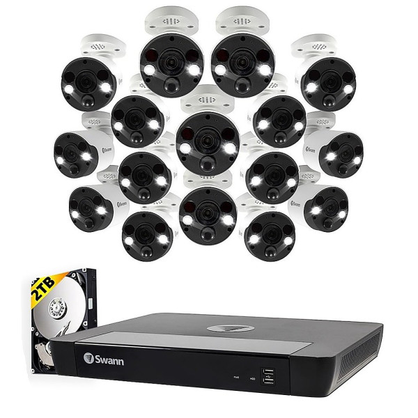 Swann - Pro 16-Channel, 16-Cameras Indoor/Outdoor Wired 4K Ultra HD 2TB NVR Security Surveillance System - White