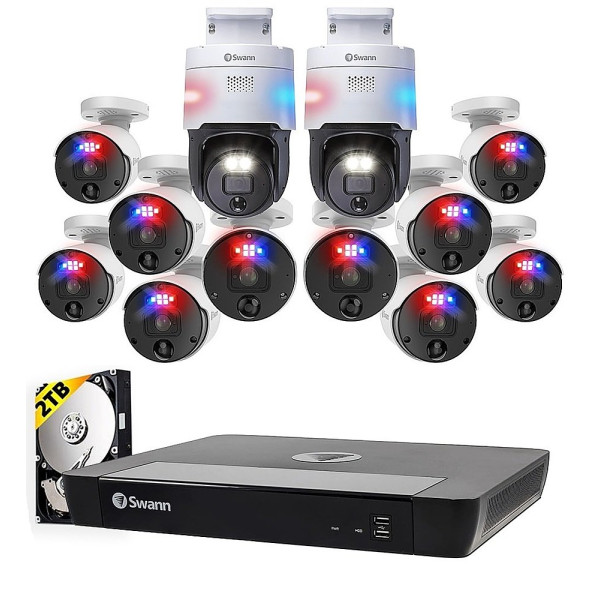 Swann - Professional, 16-Channel, 12-Camera Indoor/Outdoor Wired 12MP & 4K, 2TB NVR Security System - White