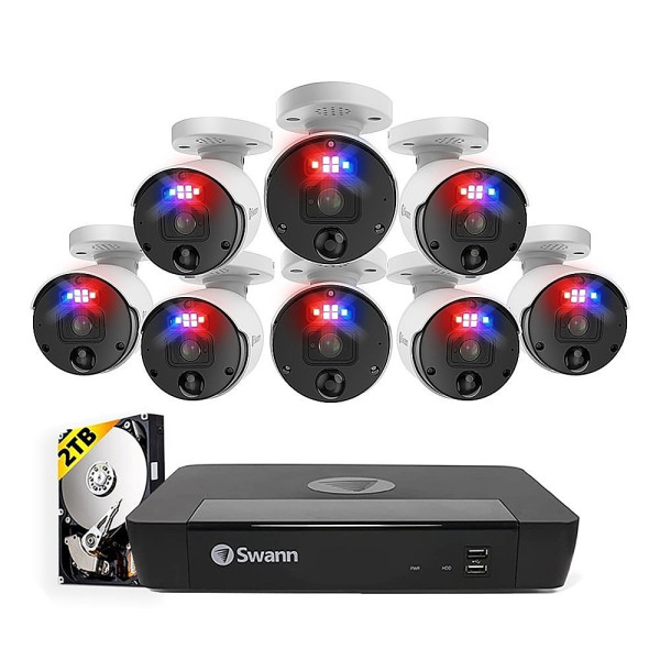 Swann - Professional 16-Channel, 8-Bullet Camera Indoor/Outdoor PoE Wired 4K UHD 2TB HDD NVR Security Surveillance System - White